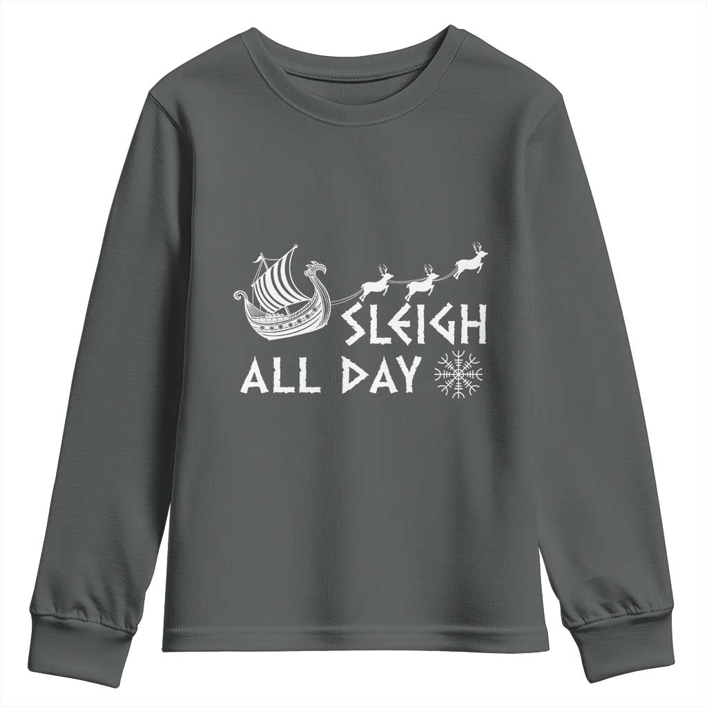Christmas Viking Youth Sweatshirt Sleigh All Day Reindeers Longships TS11 Dark Heather Print Your Wear