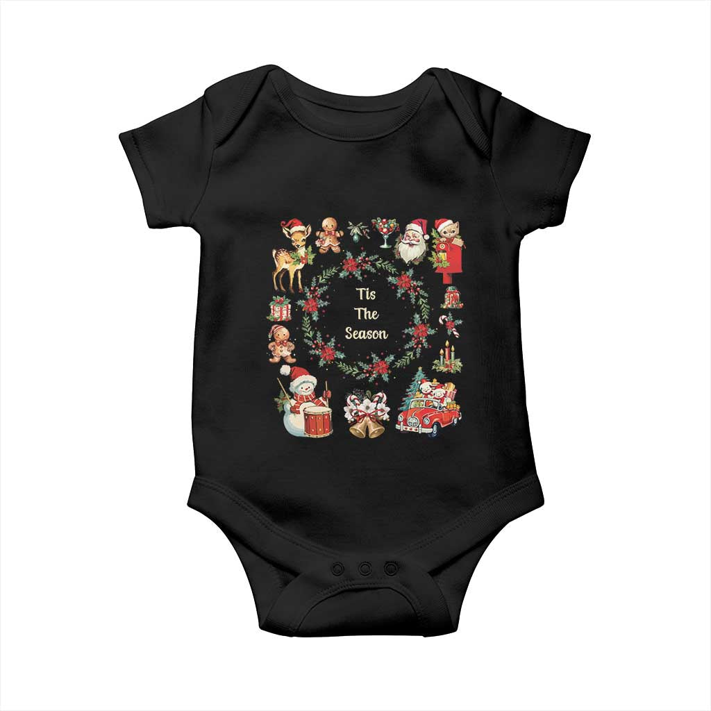 Retro Vintage Christmas Baby Onesie Tis The Season Santa Hat Xmas Wrealth TS11 Black Print Your Wear