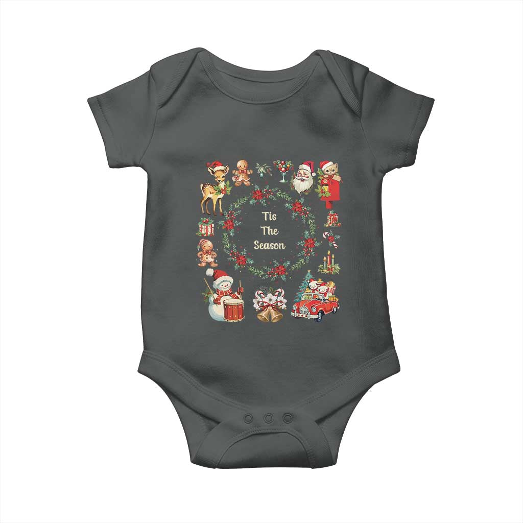 Retro Vintage Christmas Baby Onesie Tis The Season Santa Hat Xmas Wrealth TS11 Dark Heather Print Your Wear
