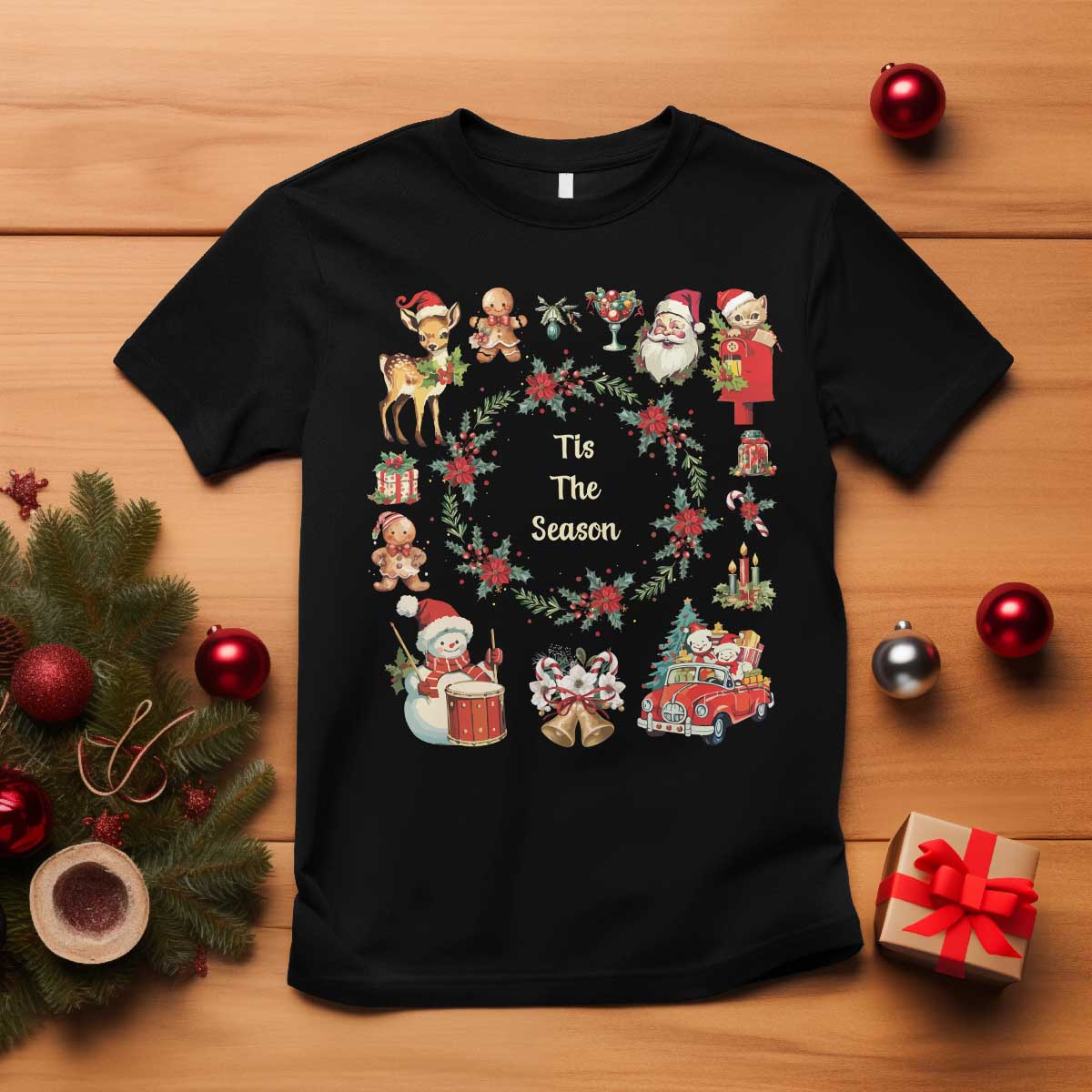 Retro Vintage Christmas T Shirt Tis The Season Santa Hat Xmas Wrealth TS11 Black Print Your Wear