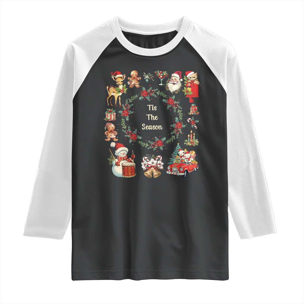 Retro Vintage Christmas Raglan Shirt Tis The Season Santa Hat Xmas Wrealth TS11 Black White Print Your Wear