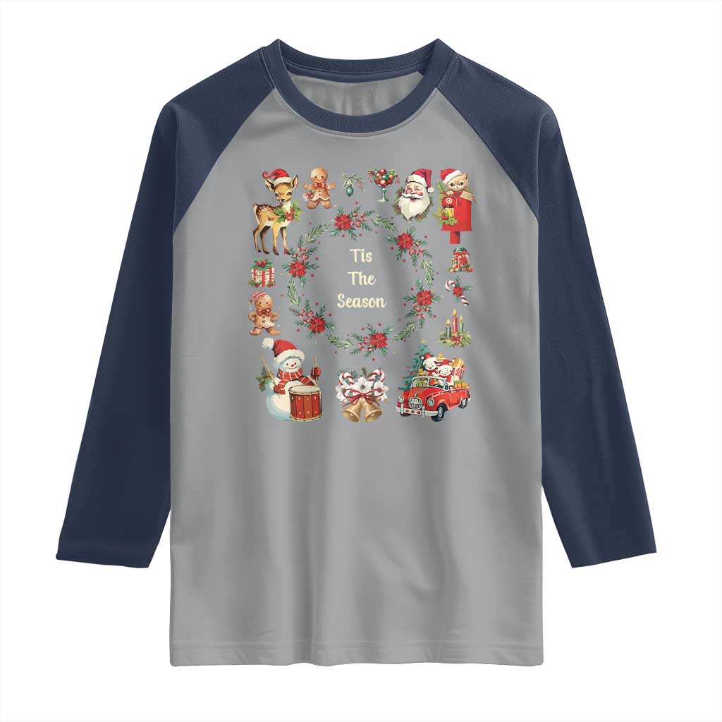 Retro Vintage Christmas Raglan Shirt Tis The Season Santa Hat Xmas Wrealth TS11 Sport Gray Navy Print Your Wear