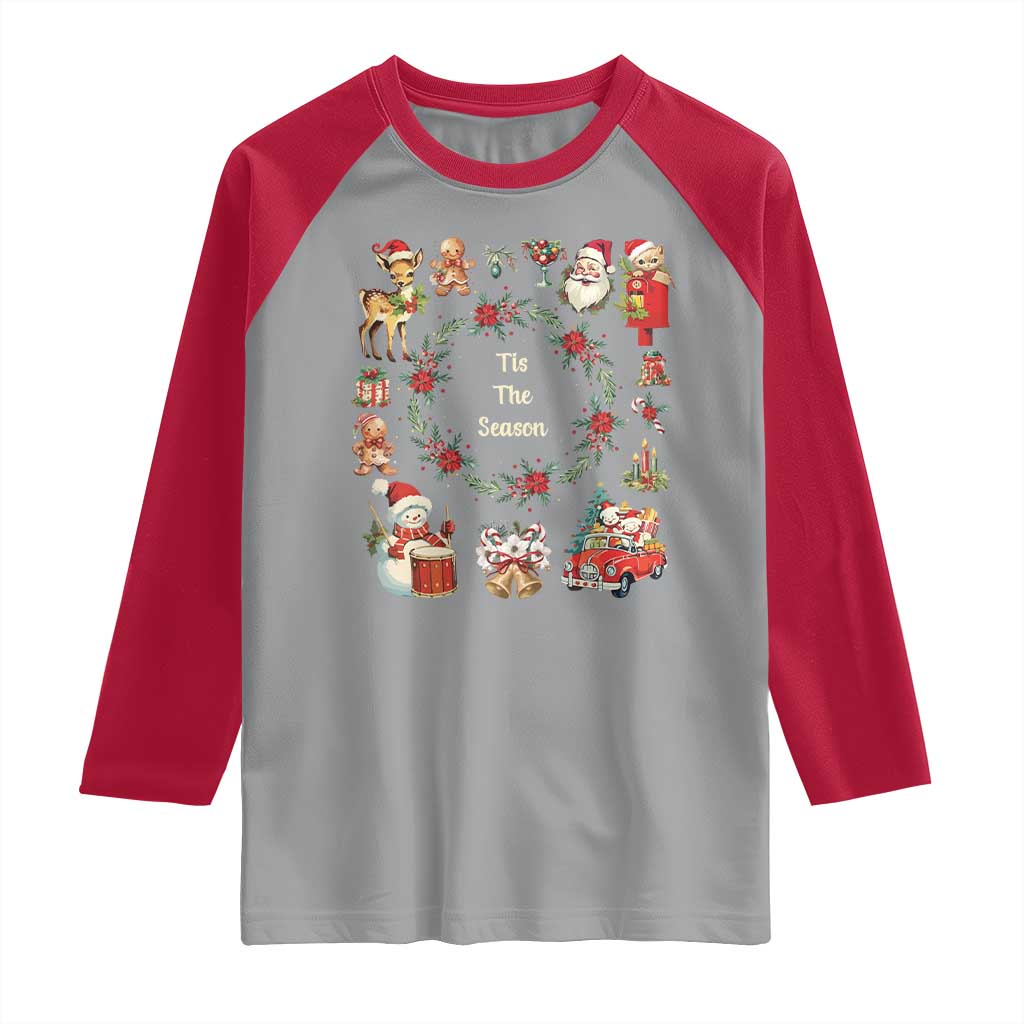 Retro Vintage Christmas Raglan Shirt Tis The Season Santa Hat Xmas Wrealth TS11 Sport Gray Red Print Your Wear