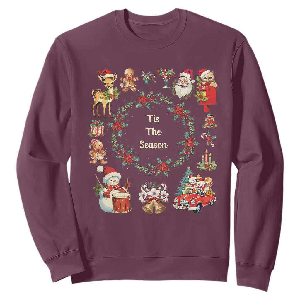 Retro Vintage Christmas Sweatshirt Tis The Season Santa Hat Xmas Wrealth TS11 Maroon Print Your Wear
