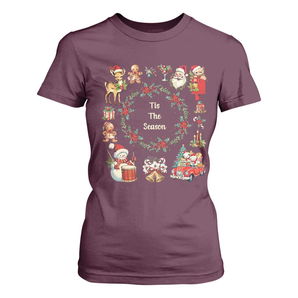 Retro Vintage Christmas T Shirt For Women Tis The Season Santa Hat Xmas Wrealth TS11 Maroon Print Your Wear