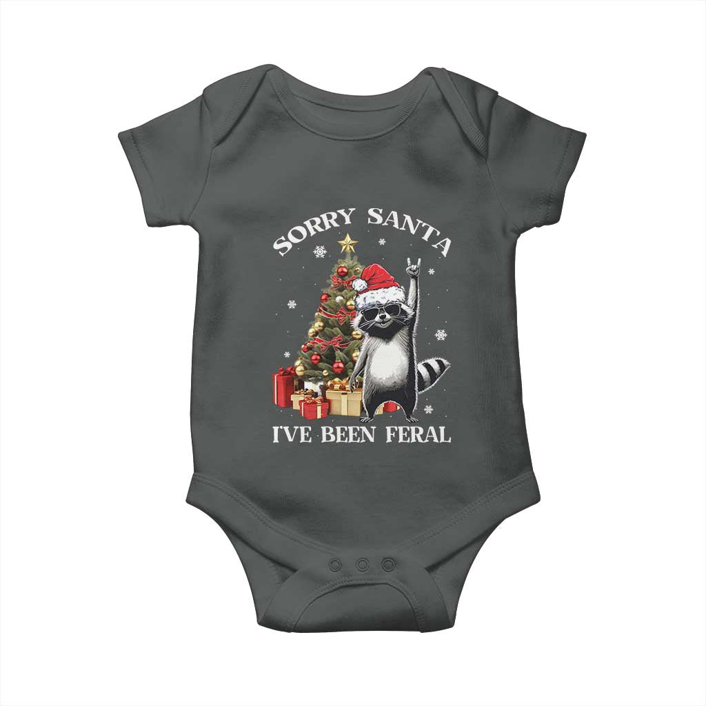 Funny Christmas Racoon Baby Onesie Sorry Santa I've Been Feral Xmas Hat TS11 Dark Heather Print Your Wear