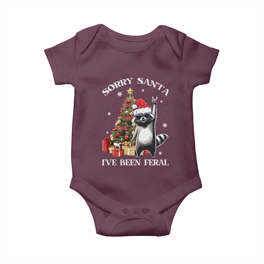 Funny Christmas Racoon Baby Onesie Sorry Santa I've Been Feral Xmas Hat TS11 Maroon Print Your Wear