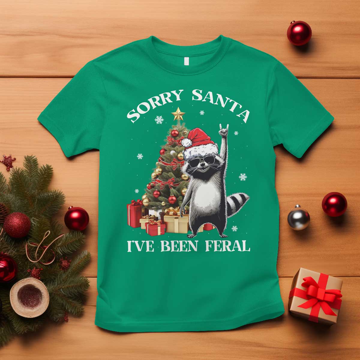 Funny Christmas Racoon T Shirt Sorry Santa I've Been Feral Xmas Hat TS11 Irish Green Print Your Wear