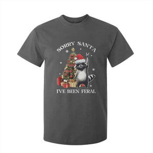 Funny Christmas Racoon T Shirt For Kid Sorry Santa I've Been Feral Xmas Hat TS11 Dark Heather Print Your Wear
