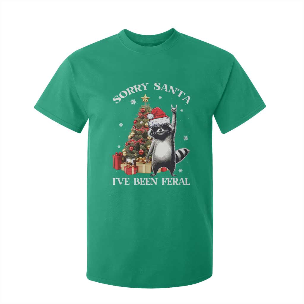 Funny Christmas Racoon T Shirt For Kid Sorry Santa I've Been Feral Xmas Hat TS11 Irish Green Print Your Wear