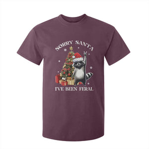 Funny Christmas Racoon T Shirt For Kid Sorry Santa I've Been Feral Xmas Hat TS11 Maroon Print Your Wear