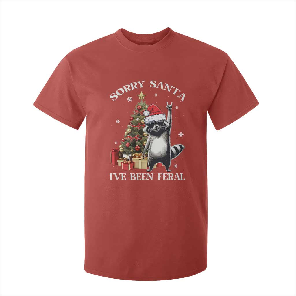 Funny Christmas Racoon T Shirt For Kid Sorry Santa I've Been Feral Xmas Hat TS11 Red Print Your Wear