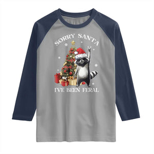 Funny Christmas Racoon Raglan Shirt Sorry Santa I've Been Feral Xmas Hat TS11 Sport Gray Navy Print Your Wear