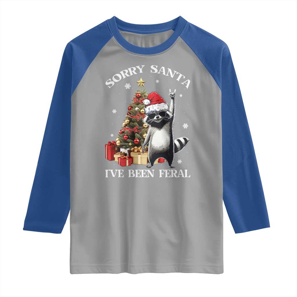 Funny Christmas Racoon Raglan Shirt Sorry Santa I've Been Feral Xmas Hat TS11 Sport Gray Royal Print Your Wear