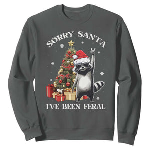 Funny Christmas Racoon Sweatshirt Sorry Santa I've Been Feral Xmas Hat TS11 Dark Heather Print Your Wear
