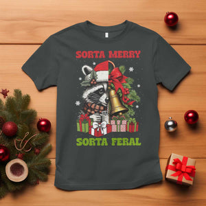Funny Christmas Racoon T Shirt Sorta Merry Sorta Feral Xmas Wreath TS11 Dark Heather Print Your Wear