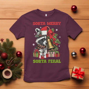 Funny Christmas Racoon T Shirt Sorta Merry Sorta Feral Xmas Wreath TS11 Maroon Print Your Wear