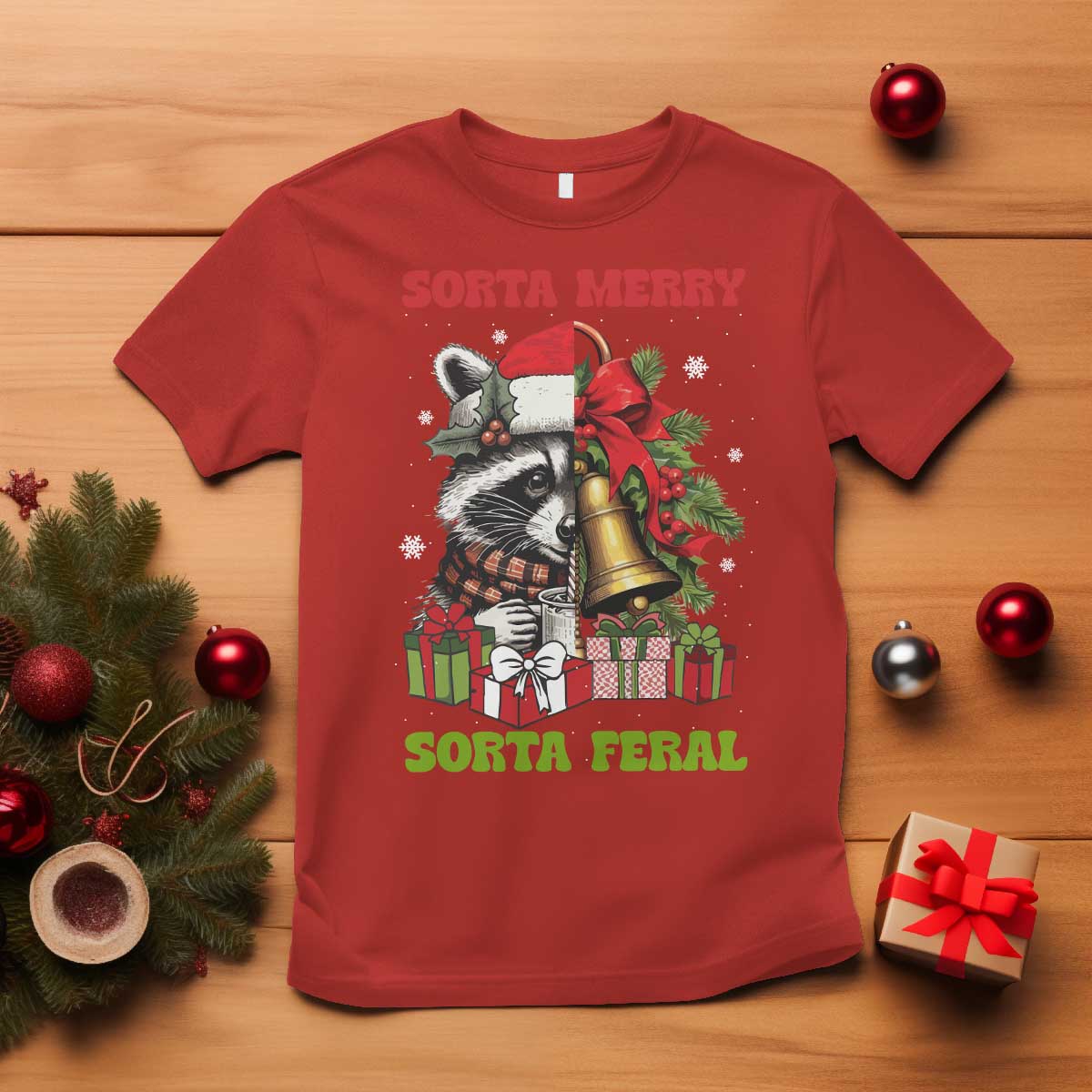 Funny Christmas Racoon T Shirt Sorta Merry Sorta Feral Xmas Wreath TS11 Red Print Your Wear