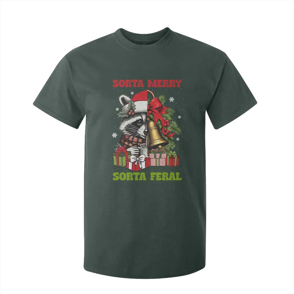 Funny Christmas Racoon T Shirt For Kid Sorta Merry Sorta Feral Xmas Wreath TS11 Dark Forest Green Print Your Wear