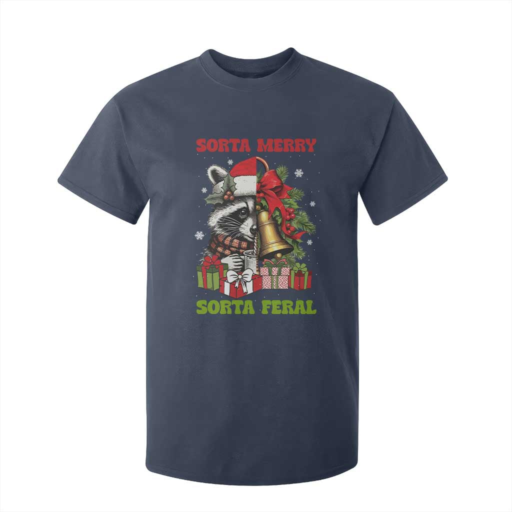 Funny Christmas Racoon T Shirt For Kid Sorta Merry Sorta Feral Xmas Wreath TS11 Navy Print Your Wear