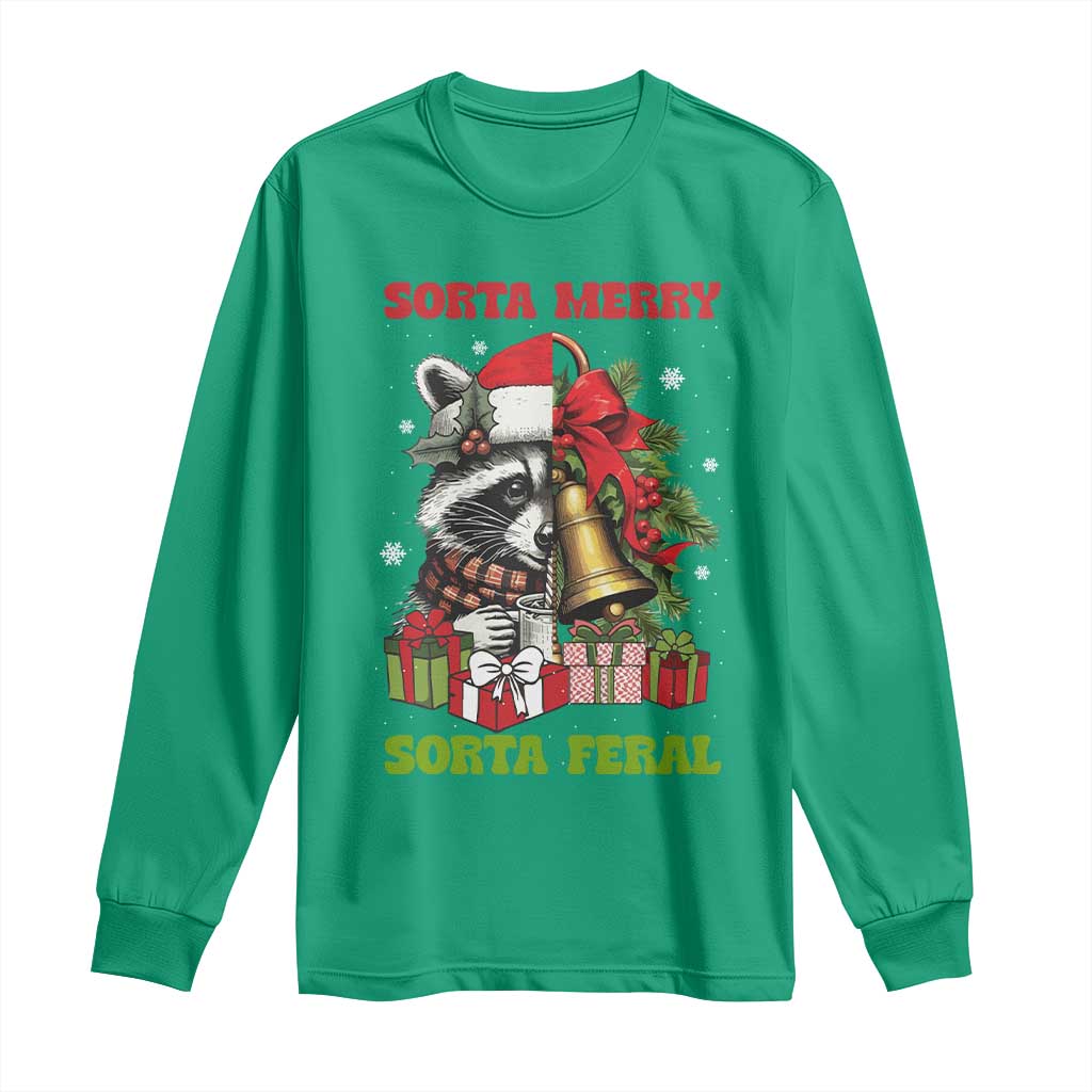 Funny Christmas Racoon Long Sleeve Shirt Sorta Merry Sorta Feral Xmas Wreath TS11 Irish Green Print Your Wear