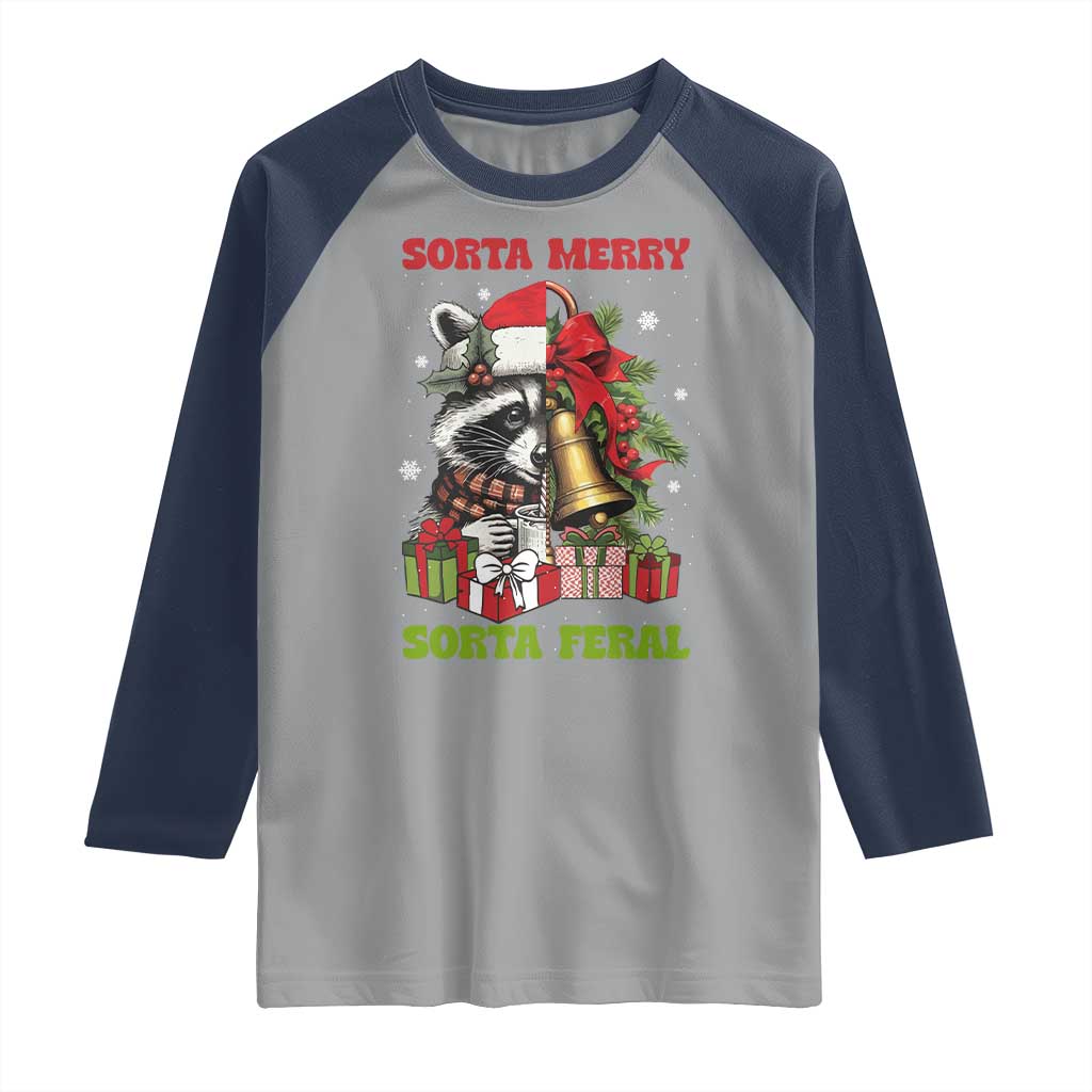 Funny Christmas Racoon Raglan Shirt Sorta Merry Sorta Feral Xmas Wreath TS11 Sport Gray Navy Print Your Wear