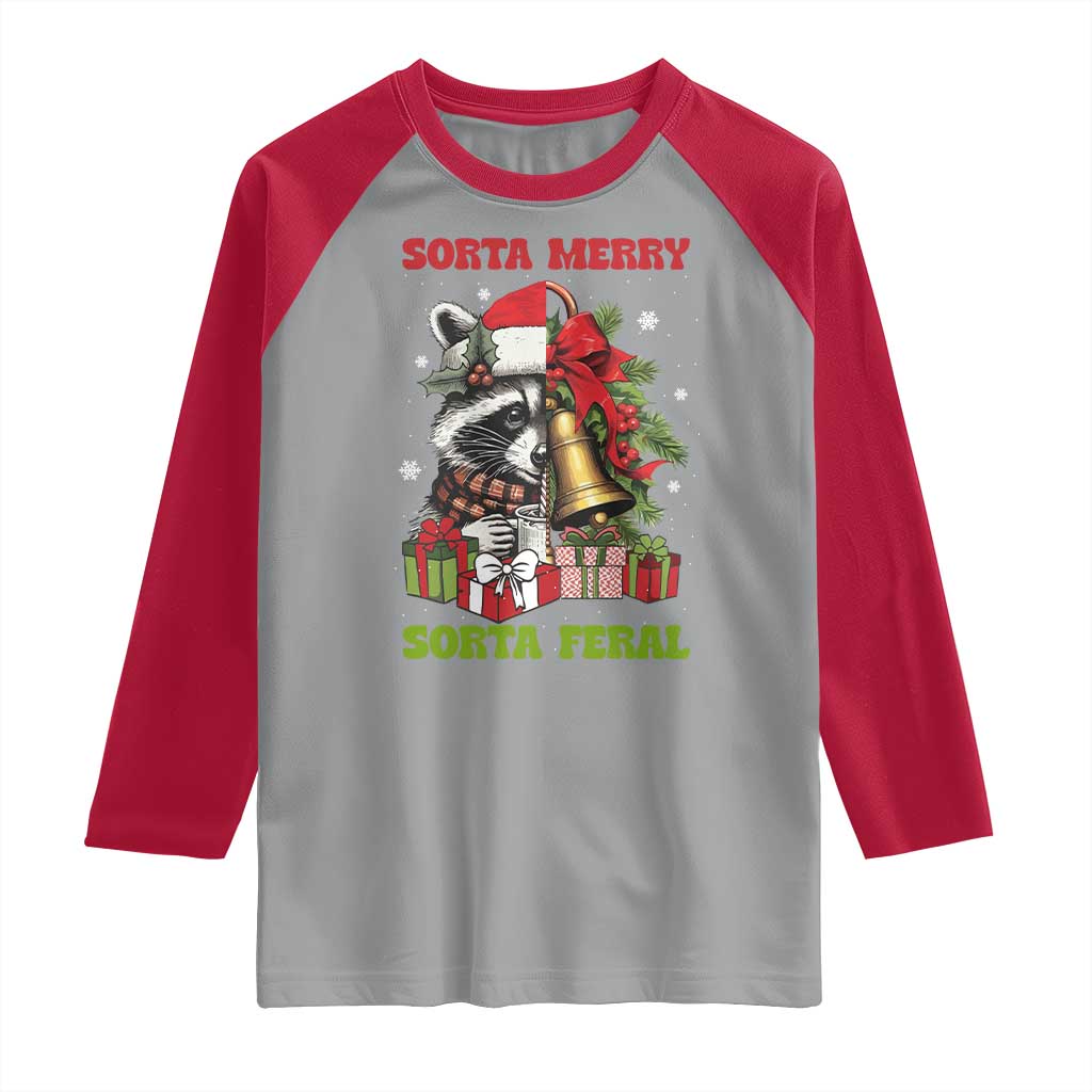 Funny Christmas Racoon Raglan Shirt Sorta Merry Sorta Feral Xmas Wreath TS11 Sport Gray Red Print Your Wear