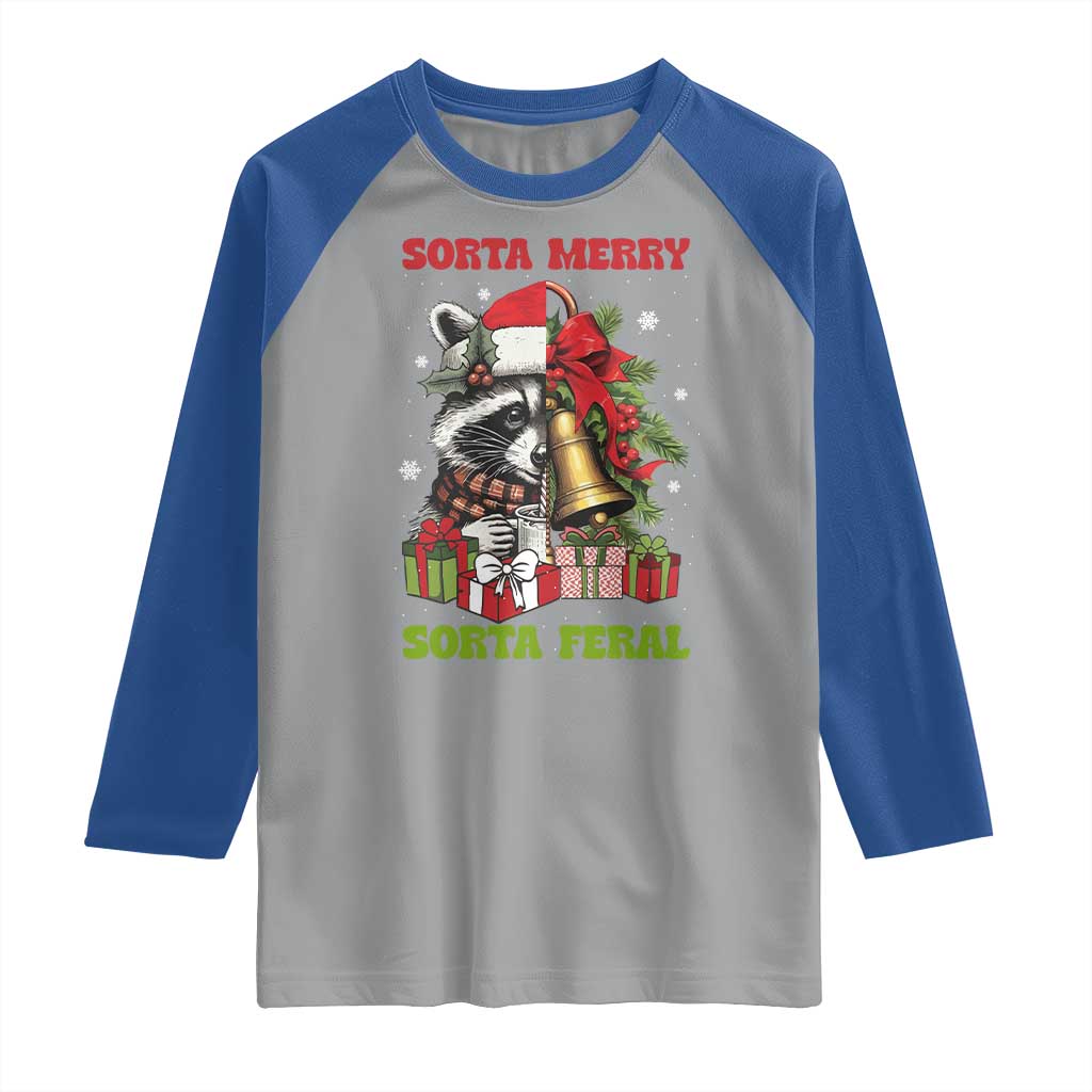 Funny Christmas Racoon Raglan Shirt Sorta Merry Sorta Feral Xmas Wreath TS11 Sport Gray Royal Print Your Wear