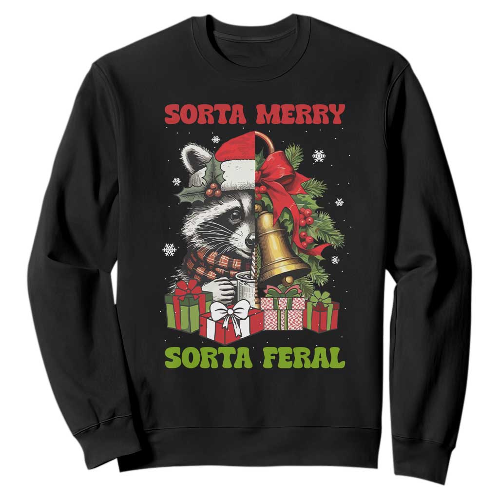 Funny Christmas Racoon Sweatshirt Sorta Merry Sorta Feral Xmas Wreath TS11 Black Print Your Wear