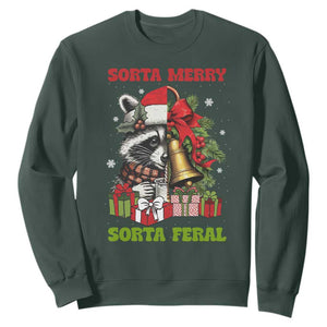 Funny Christmas Racoon Sweatshirt Sorta Merry Sorta Feral Xmas Wreath TS11 Dark Forest Green Print Your Wear