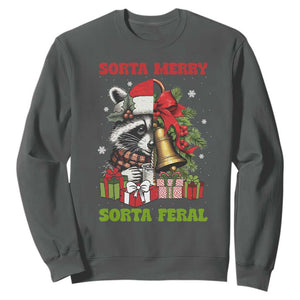 Funny Christmas Racoon Sweatshirt Sorta Merry Sorta Feral Xmas Wreath TS11 Dark Heather Print Your Wear