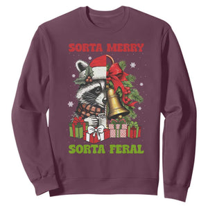 Funny Christmas Racoon Sweatshirt Sorta Merry Sorta Feral Xmas Wreath TS11 Maroon Print Your Wear