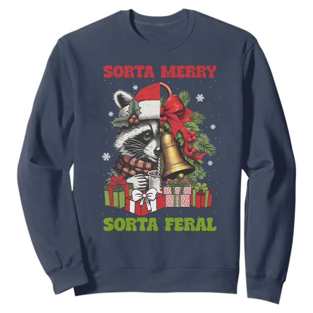 Funny Christmas Racoon Sweatshirt Sorta Merry Sorta Feral Xmas Wreath TS11 Navy Print Your Wear