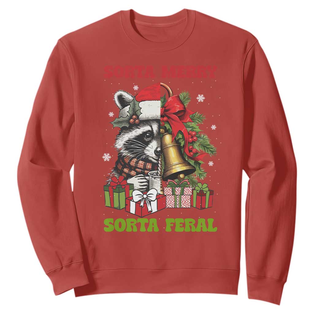 Funny Christmas Racoon Sweatshirt Sorta Merry Sorta Feral Xmas Wreath TS11 Red Print Your Wear