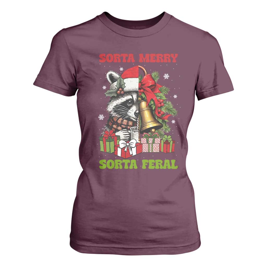Funny Christmas Racoon T Shirt For Women Sorta Merry Sorta Feral Xmas Wreath TS11 Maroon Print Your Wear