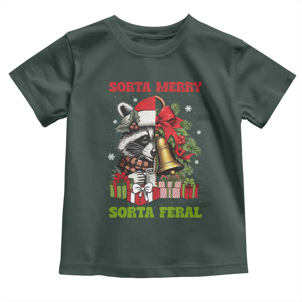 Funny Christmas Racoon Toddler T Shirt Sorta Merry Sorta Feral Xmas Wreath TS11 Dark Forest Green Print Your Wear