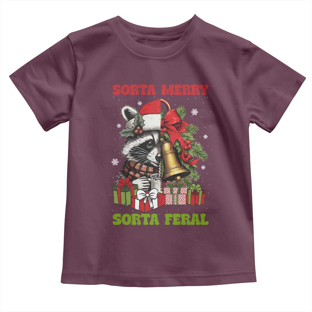 Funny Christmas Racoon Toddler T Shirt Sorta Merry Sorta Feral Xmas Wreath TS11 Maroon Print Your Wear