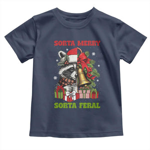 Funny Christmas Racoon Toddler T Shirt Sorta Merry Sorta Feral Xmas Wreath TS11 Navy Print Your Wear