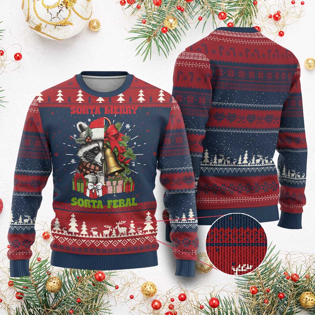 Funny Xmas Racoon Ugly Christmas Sweater Sorta Merry Sorta Feral Xmas Wreath TS11 Burgundy Print Your Wear