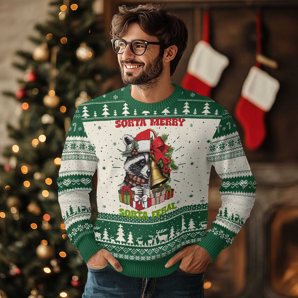 Funny Xmas Racoon Ugly Christmas Sweater Sorta Merry Sorta Feral Xmas Wreath TS11 Green Print Your Wear