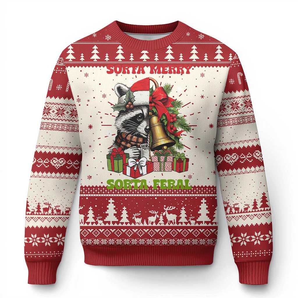 Funny Xmas Racoon Ugly Christmas Sweater Sorta Merry Sorta Feral Xmas Wreath TS11 Red Print Your Wear