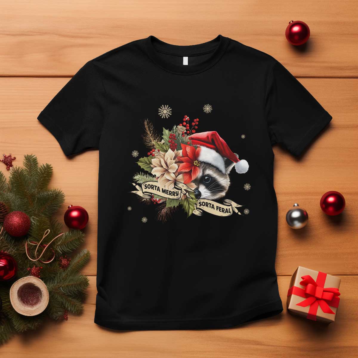 Funny Christmas Racoon T Shirt Sorta Merry Sorta Feral Santa Hat Vintage Flowers TS11 Black Print Your Wear