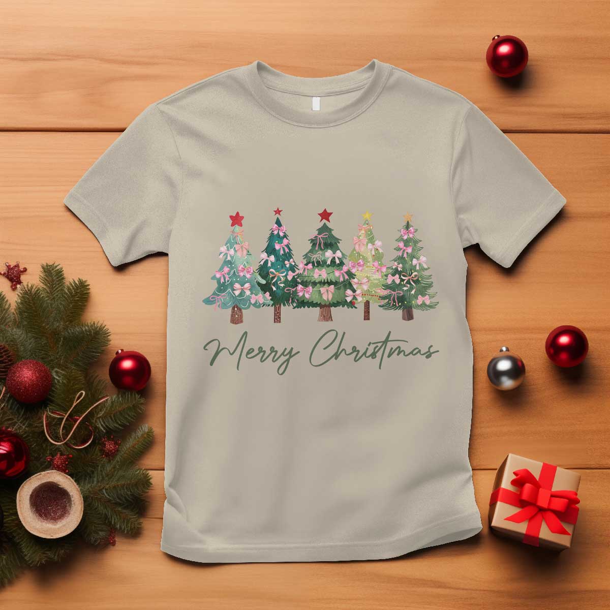 Merry Christmas Coquette Xmas Tree T Shirt Cute Pink Bow TS11 Sand Print Your Wear