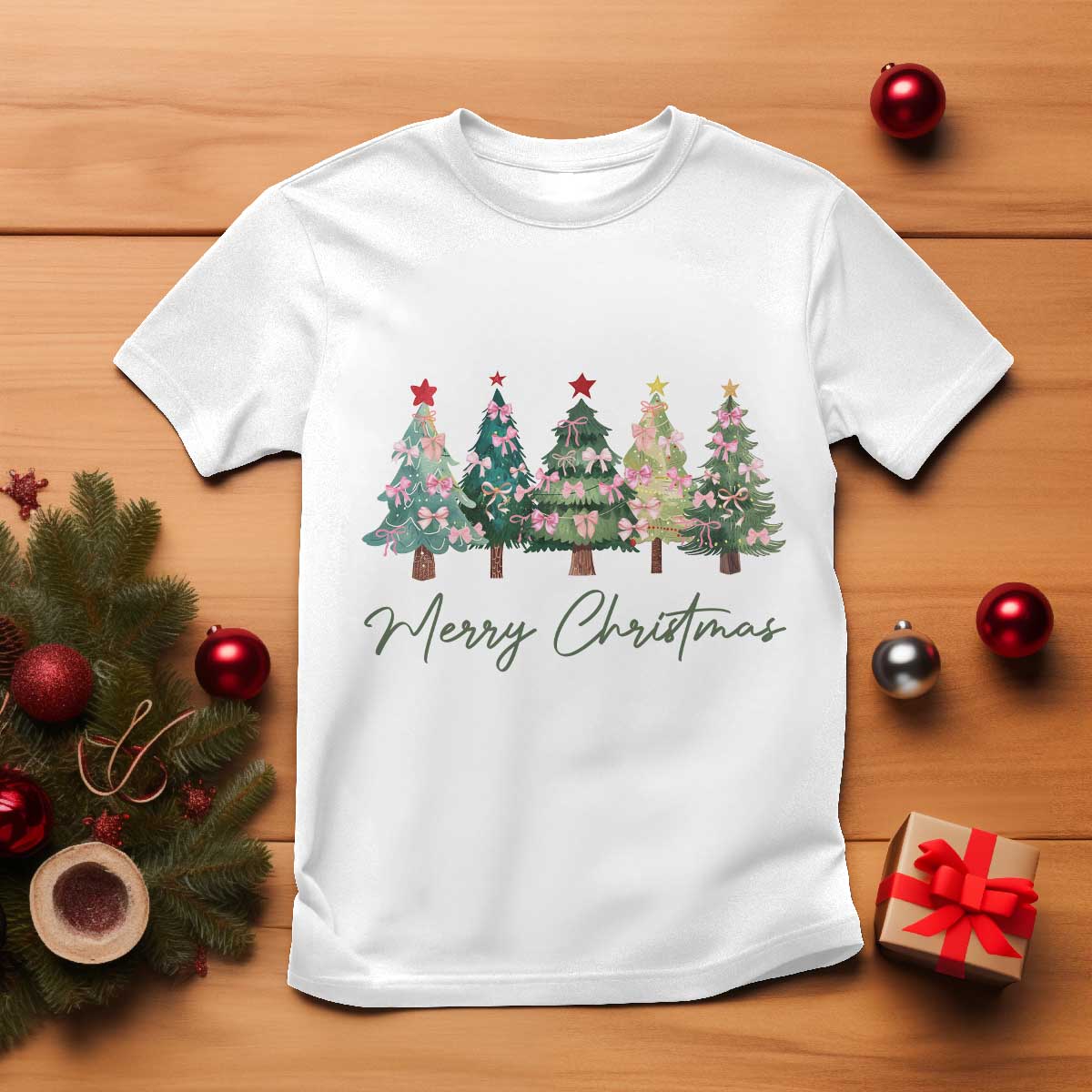 Merry Christmas Coquette Xmas Tree T Shirt Cute Pink Bow TS11 White Print Your Wear