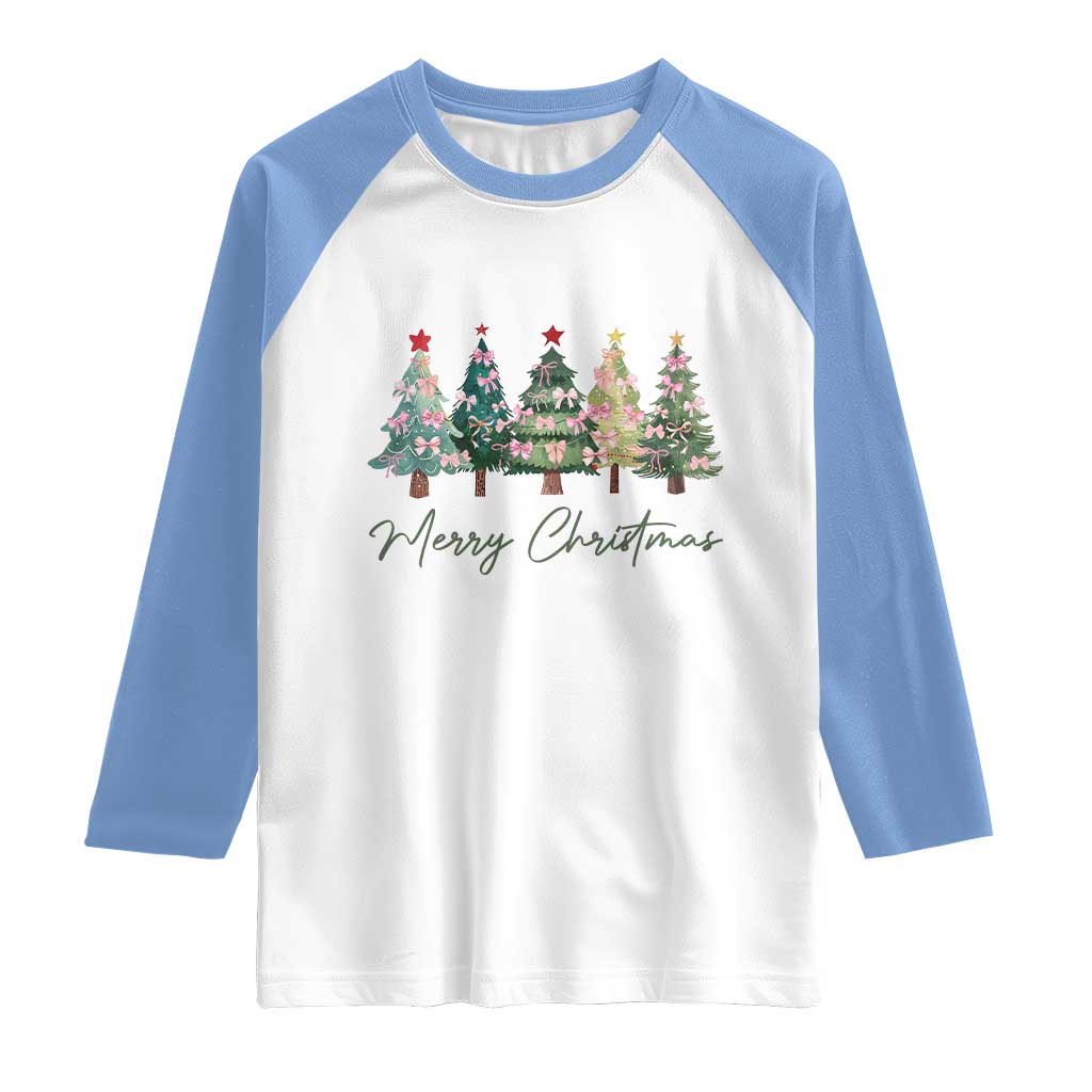 Merry Christmas Coquette Xmas Tree Raglan Shirt Cute Pink Bow TS11 White Carolina Blue Print Your Wear