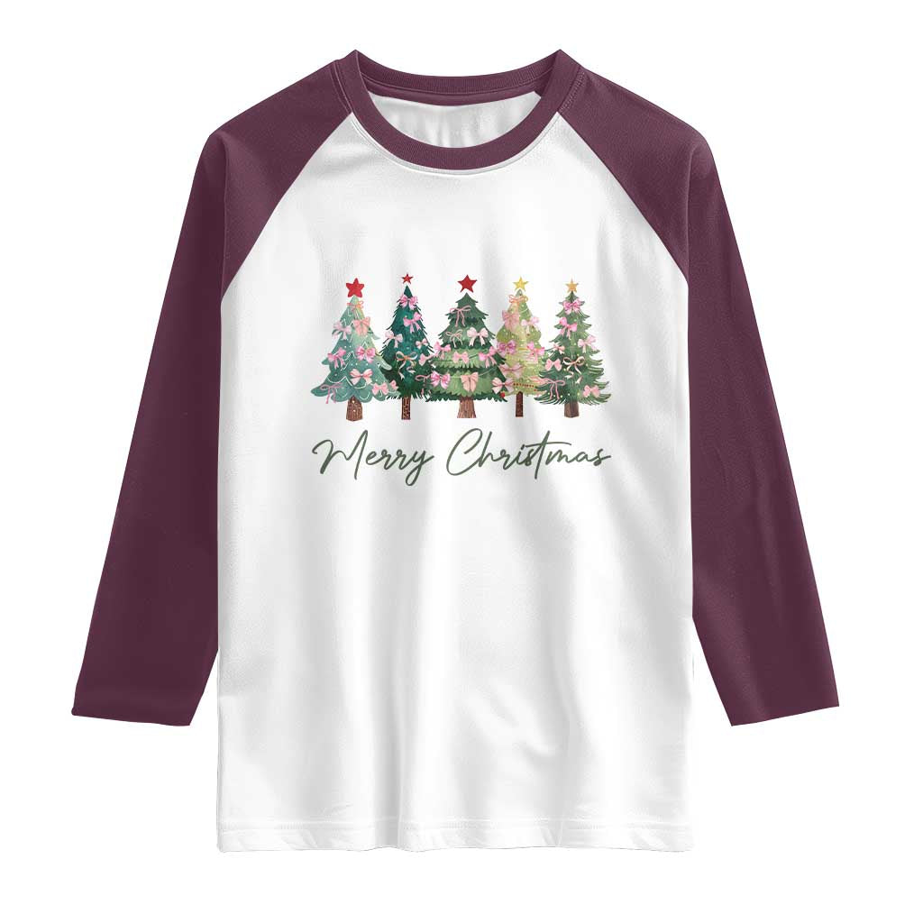 Merry Christmas Coquette Xmas Tree Raglan Shirt Cute Pink Bow TS11 White Maroon Print Your Wear