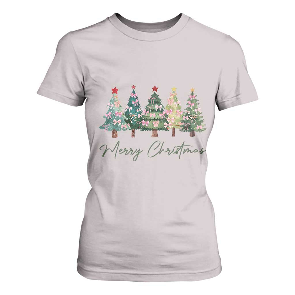 Merry Christmas Coquette Xmas Tree T Shirt For Women Cute Pink Bow TS11 Ice Gray Print Your Wear