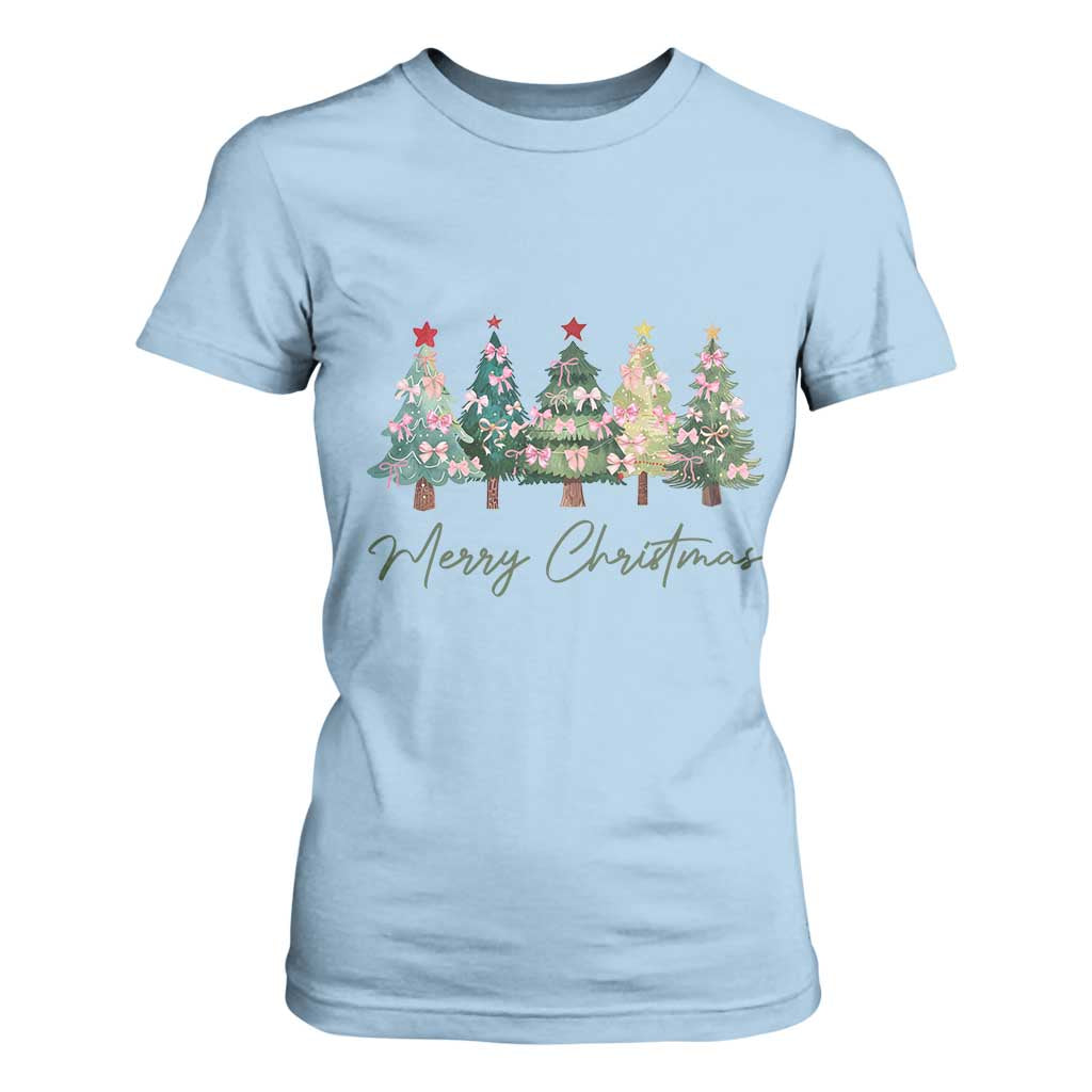 Merry Christmas Coquette Xmas Tree T Shirt For Women Cute Pink Bow TS11 Light Blue Print Your Wear