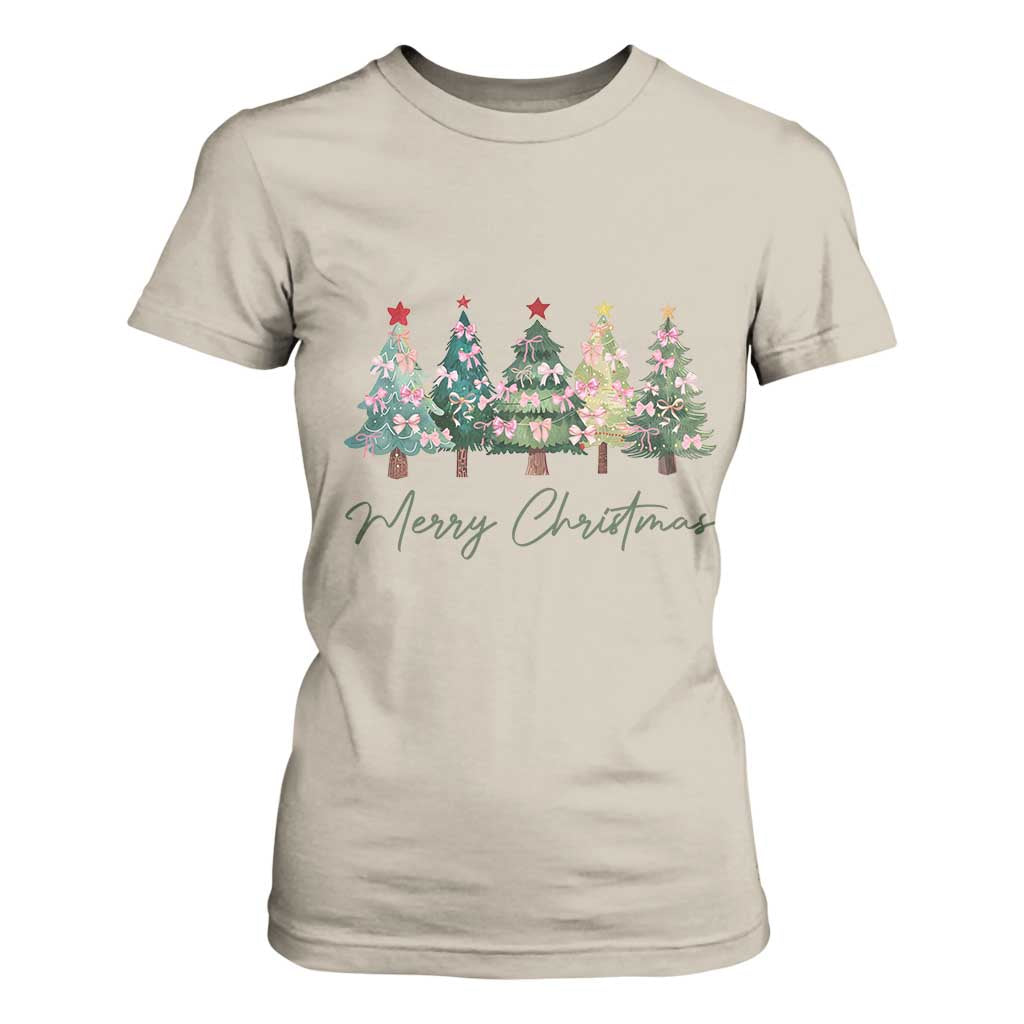 Merry Christmas Coquette Xmas Tree T Shirt For Women Cute Pink Bow TS11 Sand Print Your Wear