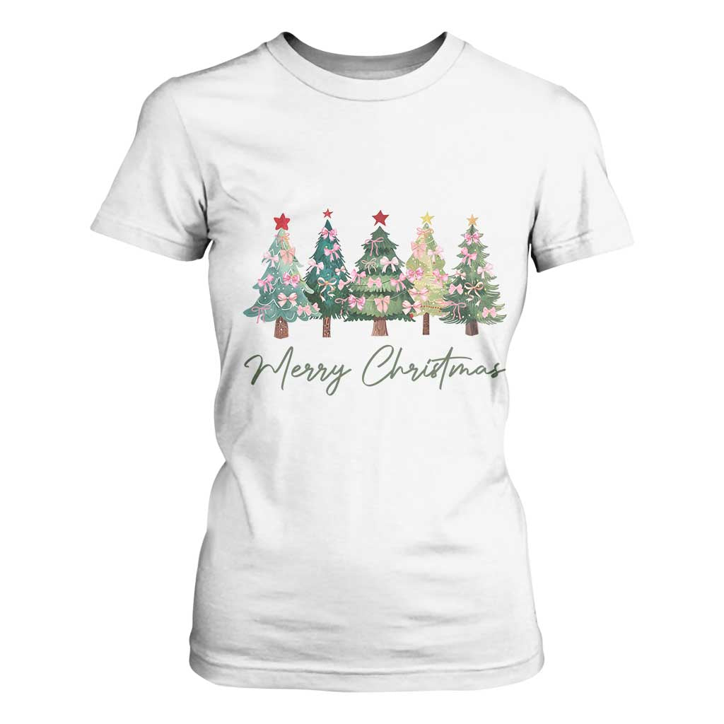 Merry Christmas Coquette Xmas Tree T Shirt For Women Cute Pink Bow TS11 White Print Your Wear